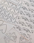 Coloring pages with hearts, birds, and text on a light gray background