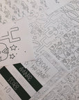 Collection of black and white line art sheets on a white background