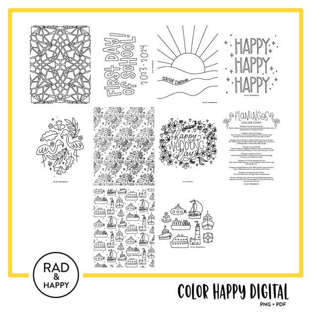 Color Happy  Monthly digital coloring page downloads – Rad & Happy