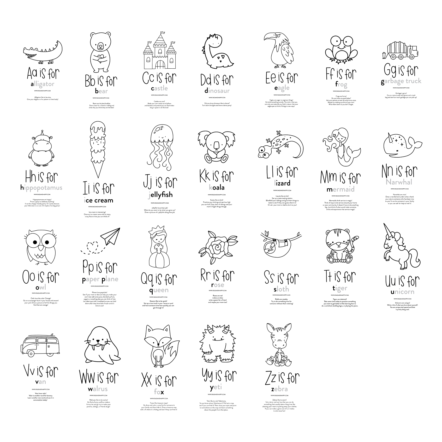 A grid of each how to draw page on a white background with the drawing steps removed