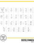 A preview of each how to draw page laid out in a grid, inside a yellow border with the rad and happy logo beneath and the text Digital Download PNG + PDF