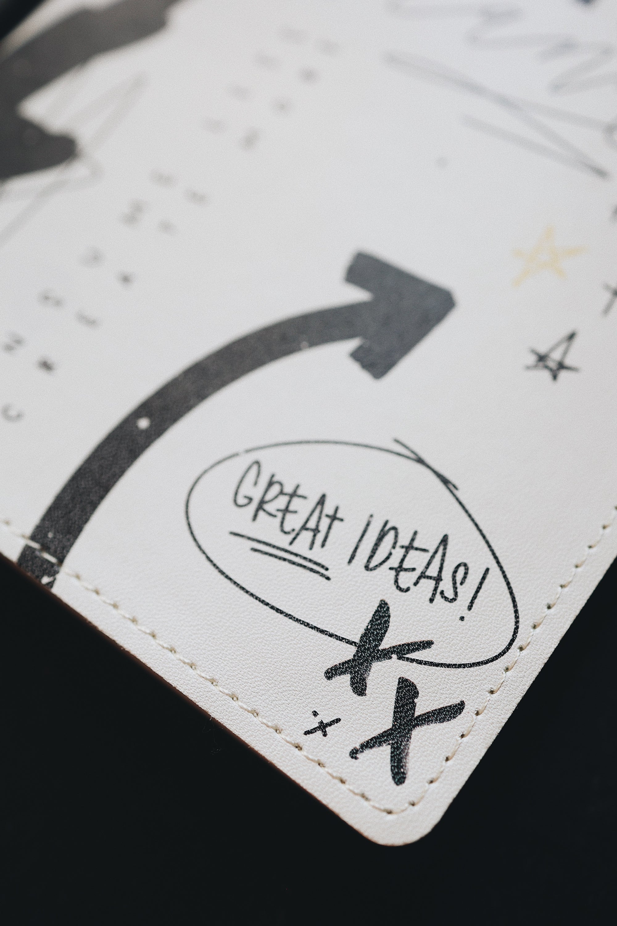 Close up shot of the corner of the creative planner cover that reads - Great Ideas!