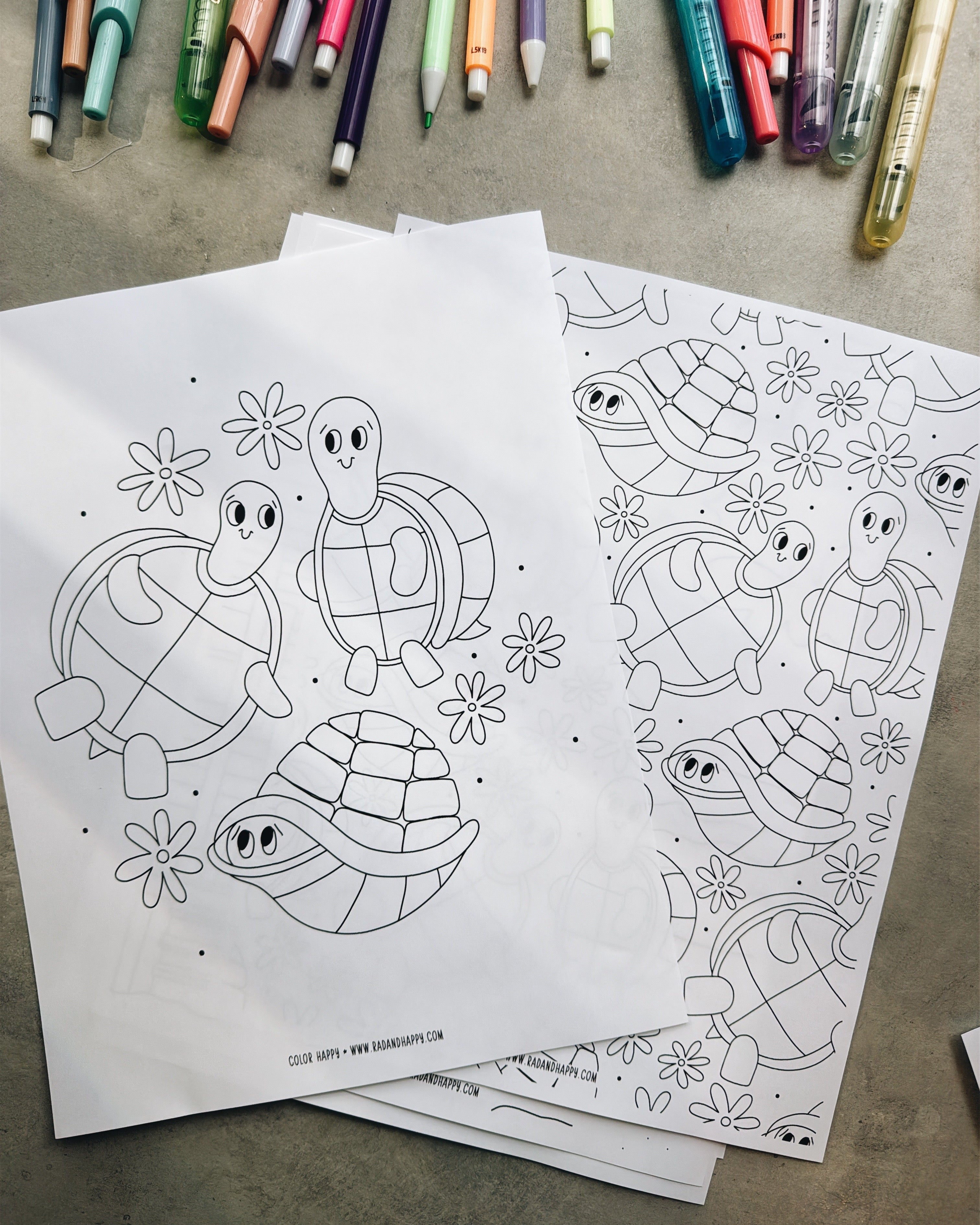 Coloring pages with turtle designs on a concrete surface with markers in the background.