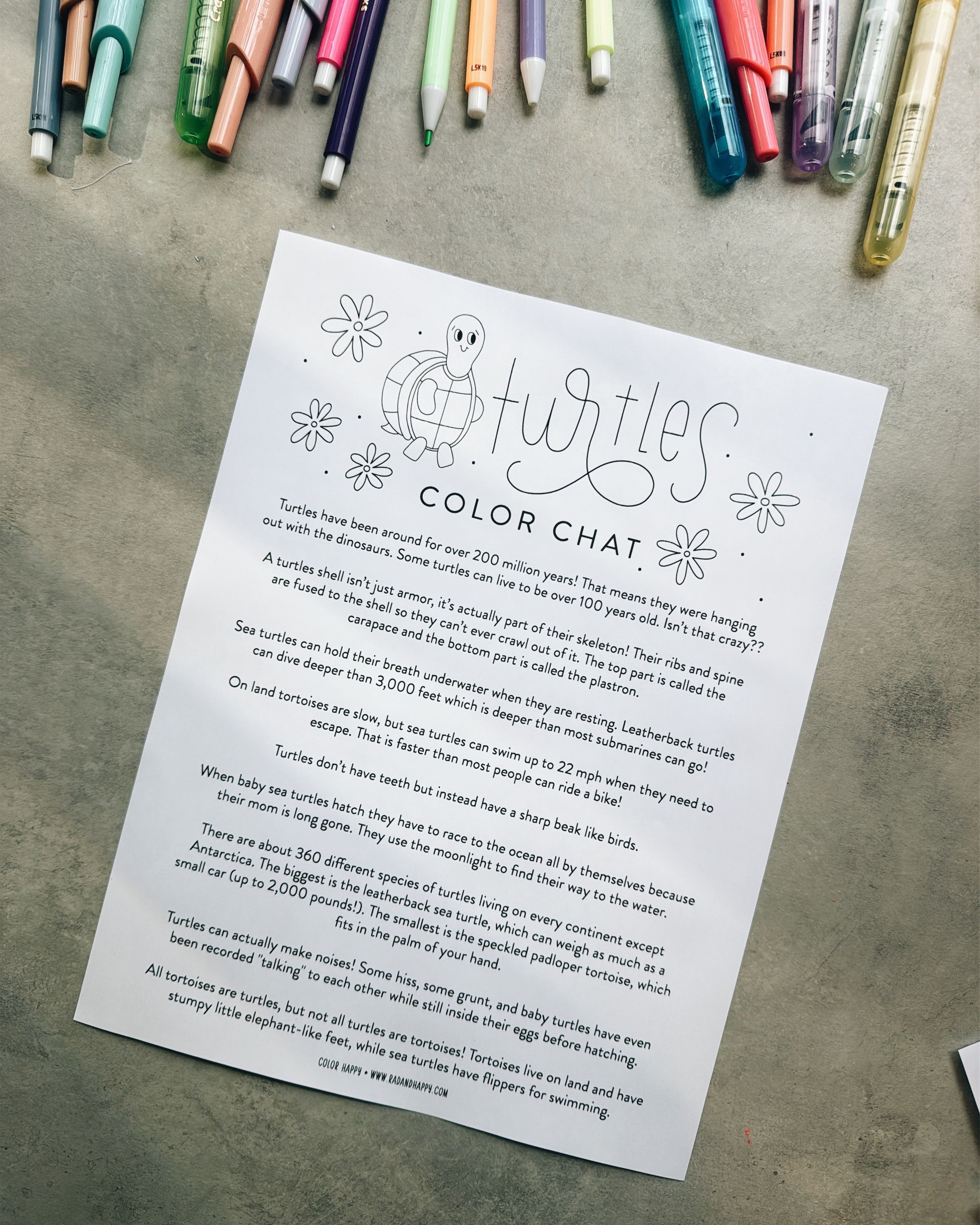 Sheet of paper with 'Turtles Color Chat' text and illustrations on a concrete surface with colorful markers.