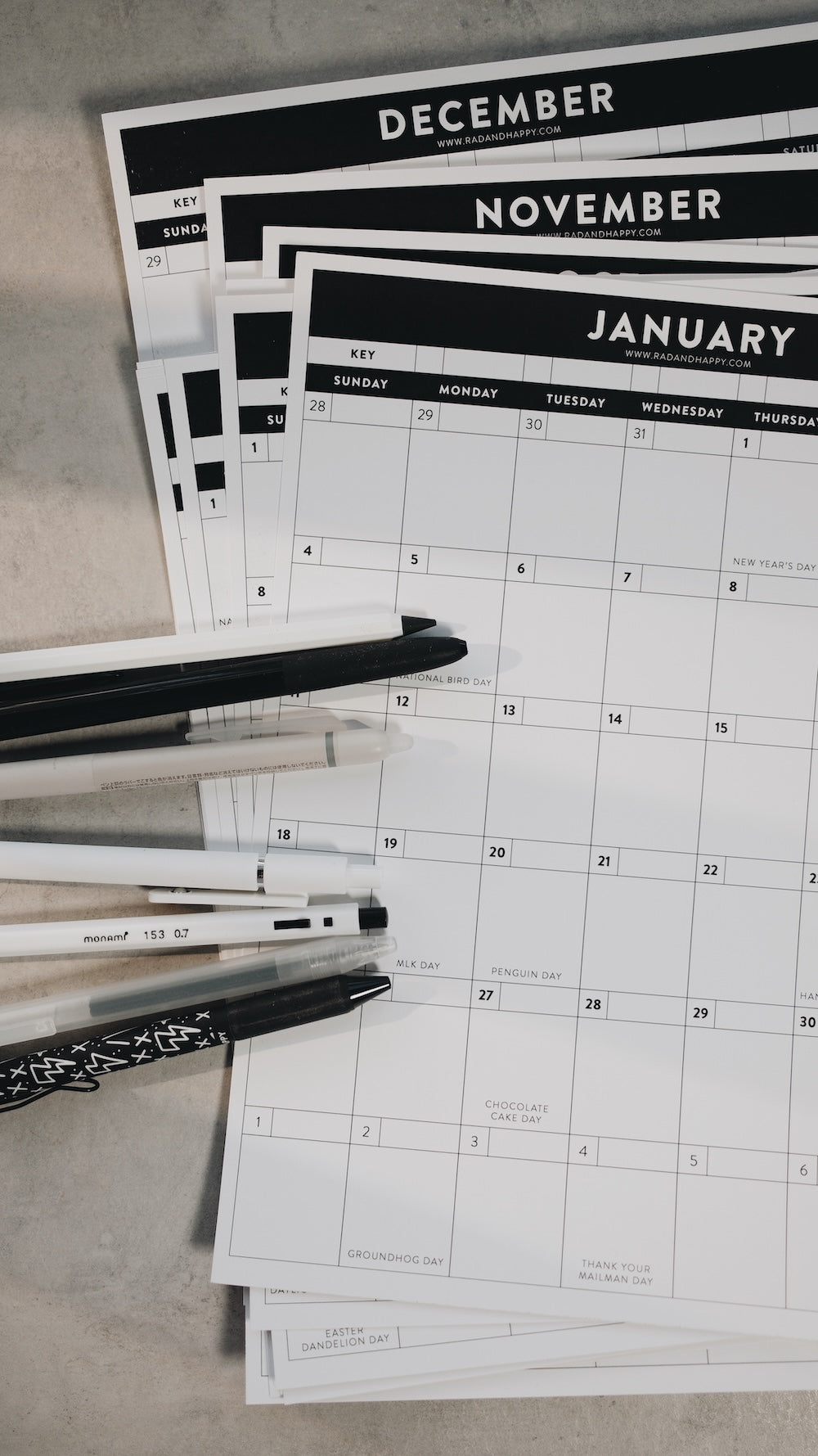 Calendars for December, November, and January with a pen on a light surface