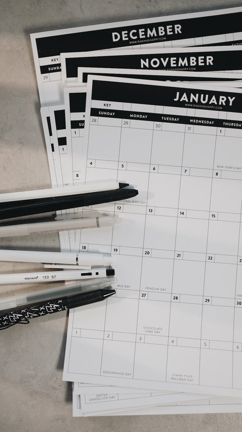 Calendars for December, November, and January with a pen on a light surface