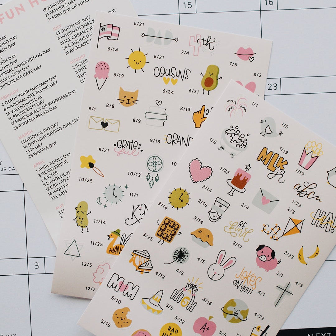 Two sheets of decorative stickers with various designs on a grid background