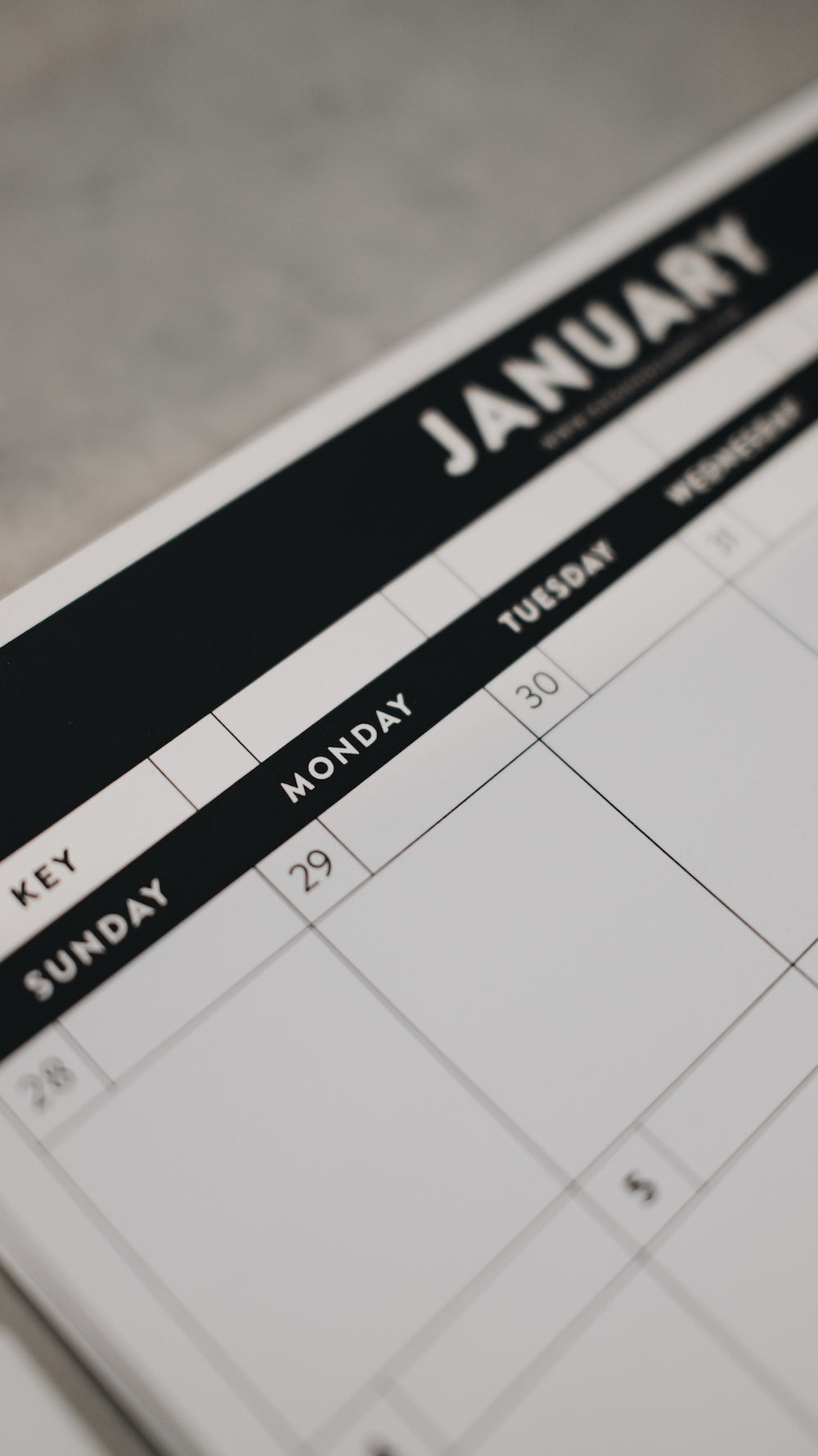 Calendar page showing January with a focus on the top left corner.