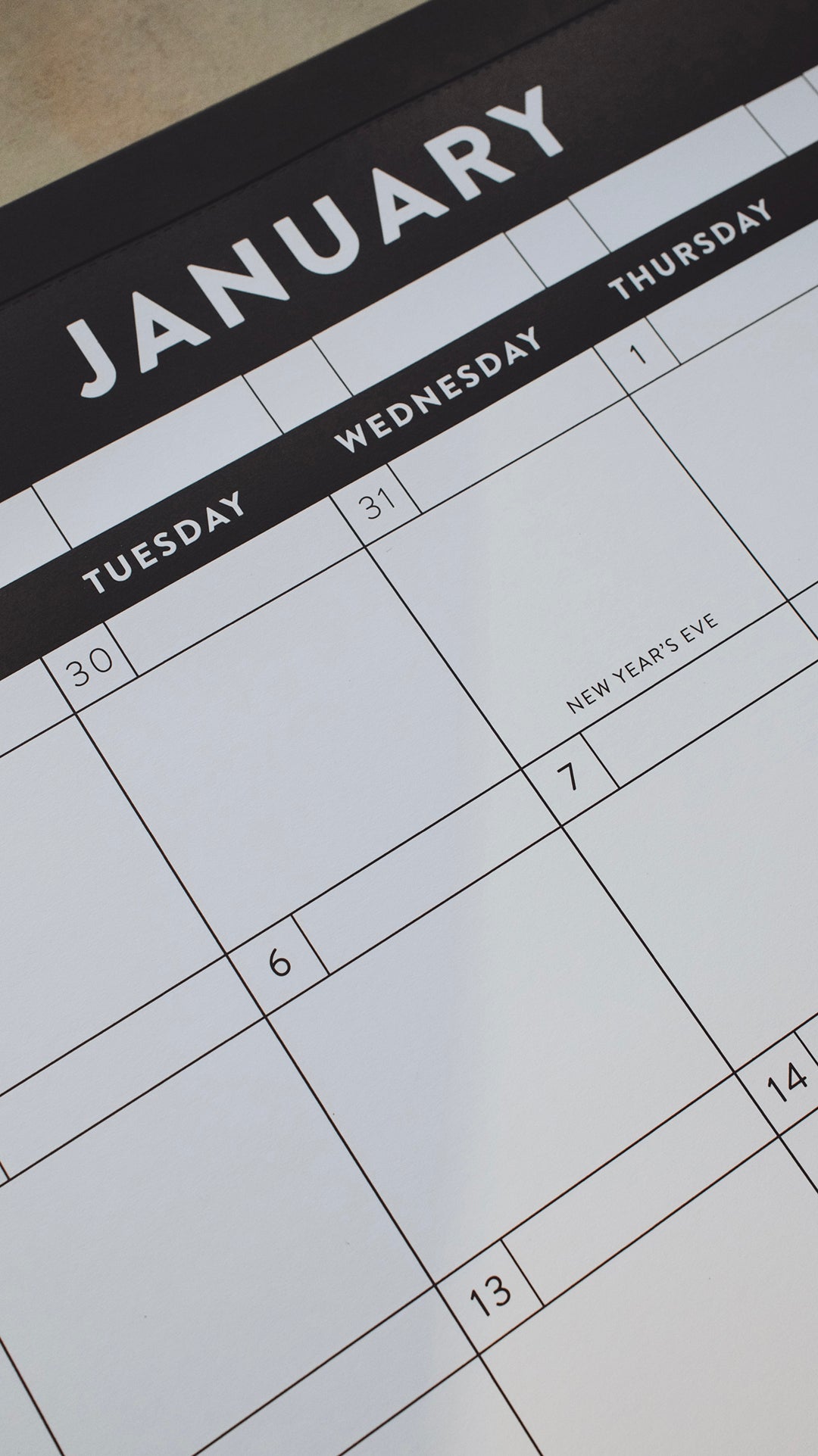 January calendar with the focus on "January" in white letters with a black background