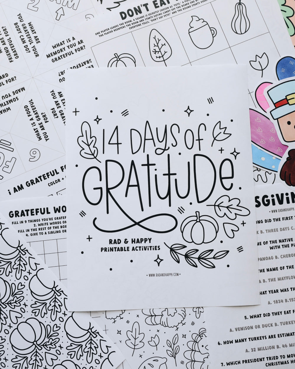 14 Days of Gratitude printable activities sheet with various printed sheets with illustrations on a white background.