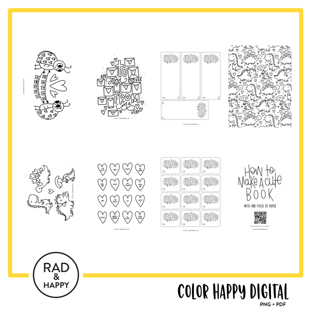 A digital collage of coloring pages with a yellow border