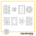 A digital collage of coloring pages with a yellow border