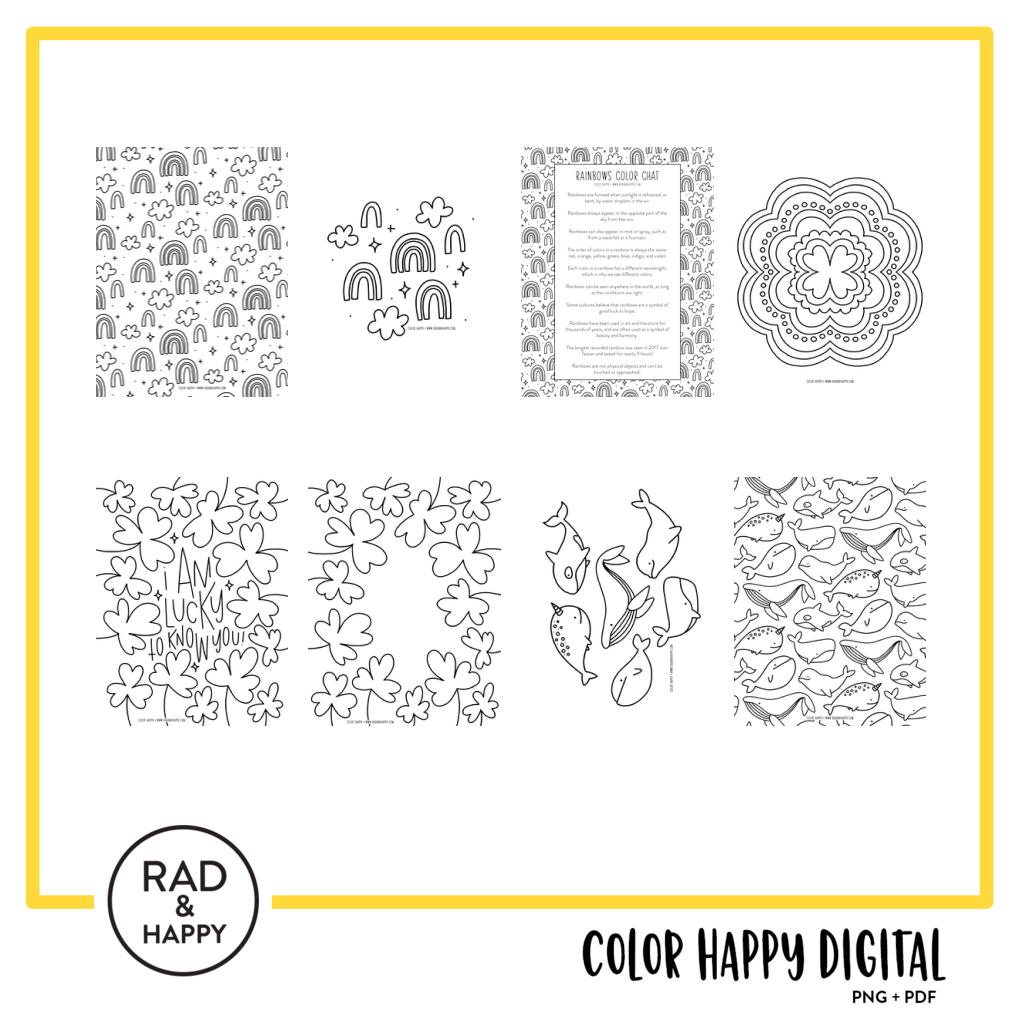 A digital collage of coloring pages with a yellow border