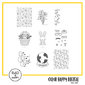A digital collage of coloring pages with a yellow border