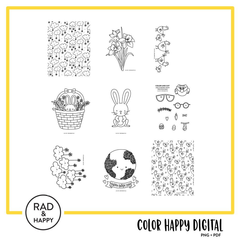 A digital collage of coloring pages with a yellow border