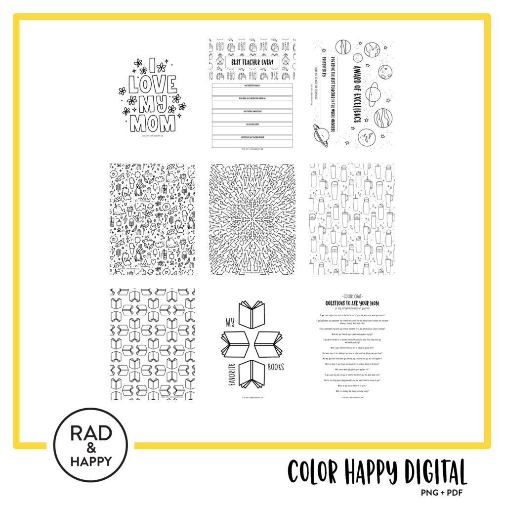 A digital collage of coloring pages with a yellow border