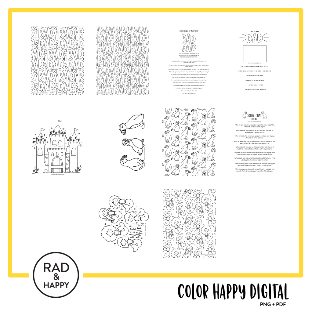 A digital collage of coloring pages with a yellow border
