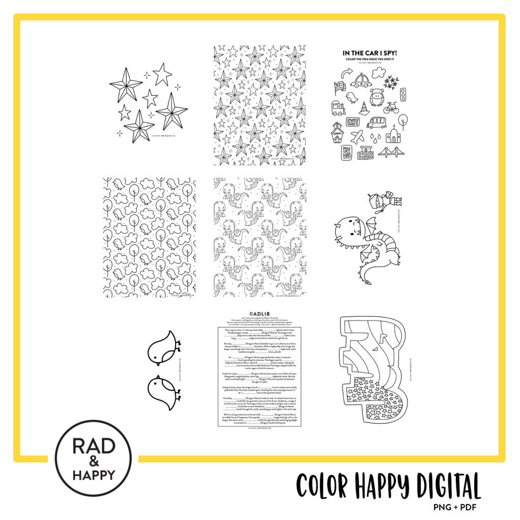 A digital collage of coloring pages with a yellow border