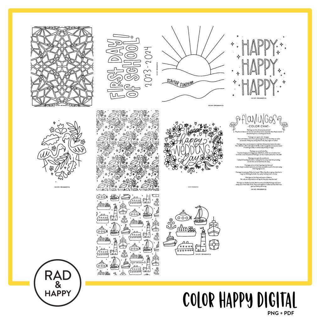 A digital collage of coloring pages with a yellow border