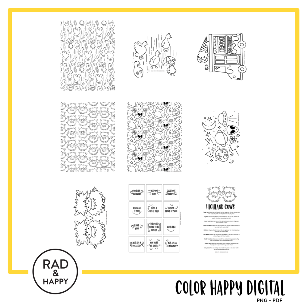 A digital collage of coloring pages with a yellow border