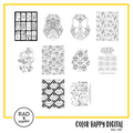 A digital collage of coloring pages with a yellow border