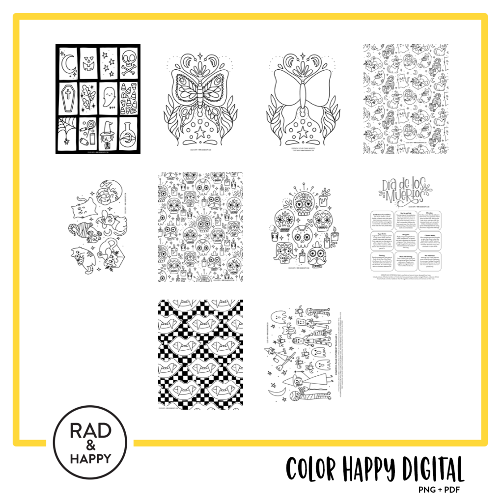 A digital collage of coloring pages with a yellow border