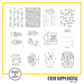 A digital collage of coloring pages with a yellow border