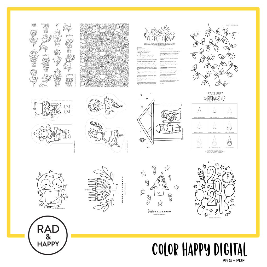 A digital collage of coloring pages with a yellow border