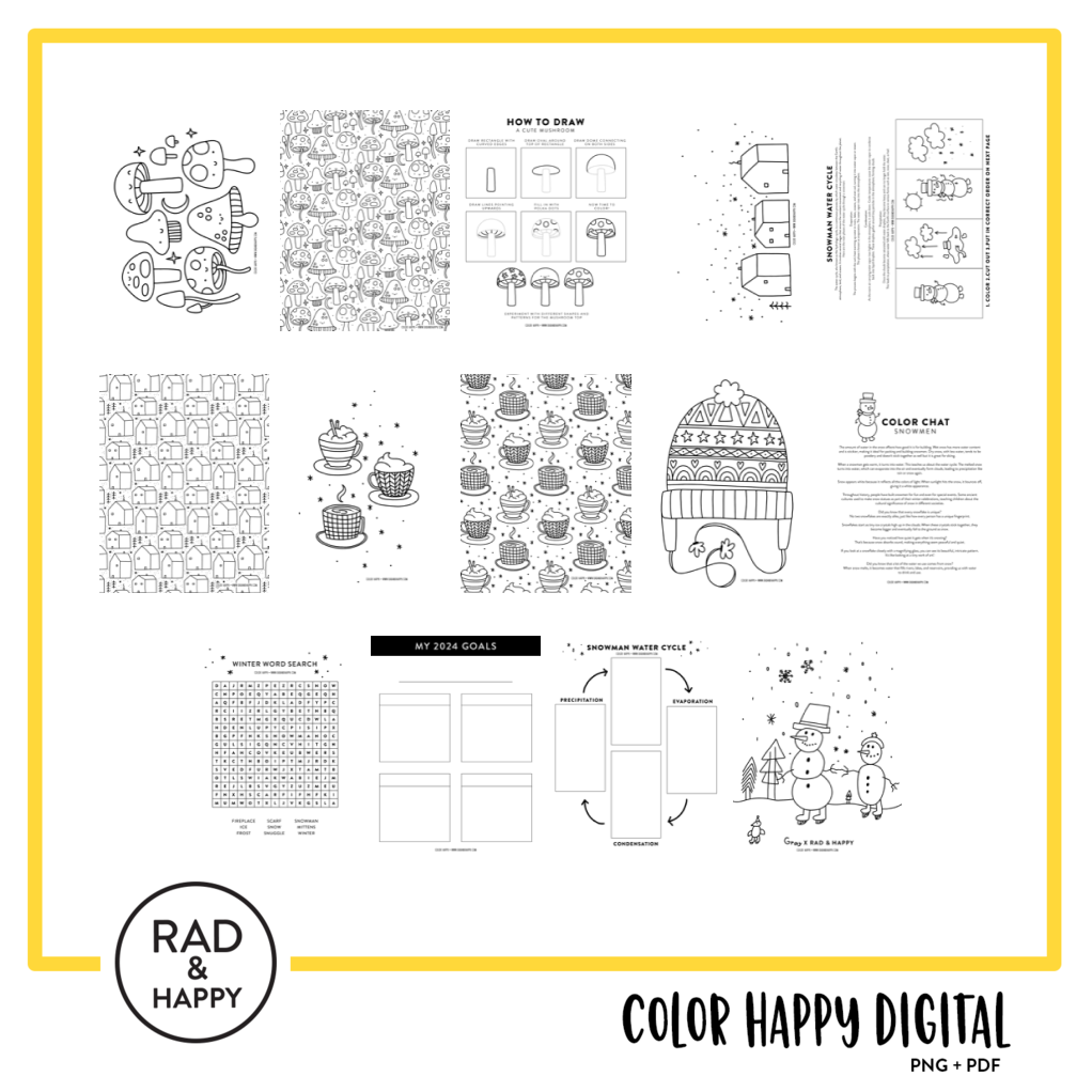 A digital collage of coloring pages with a yellow border