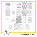 A digital collage of coloring pages with a yellow border