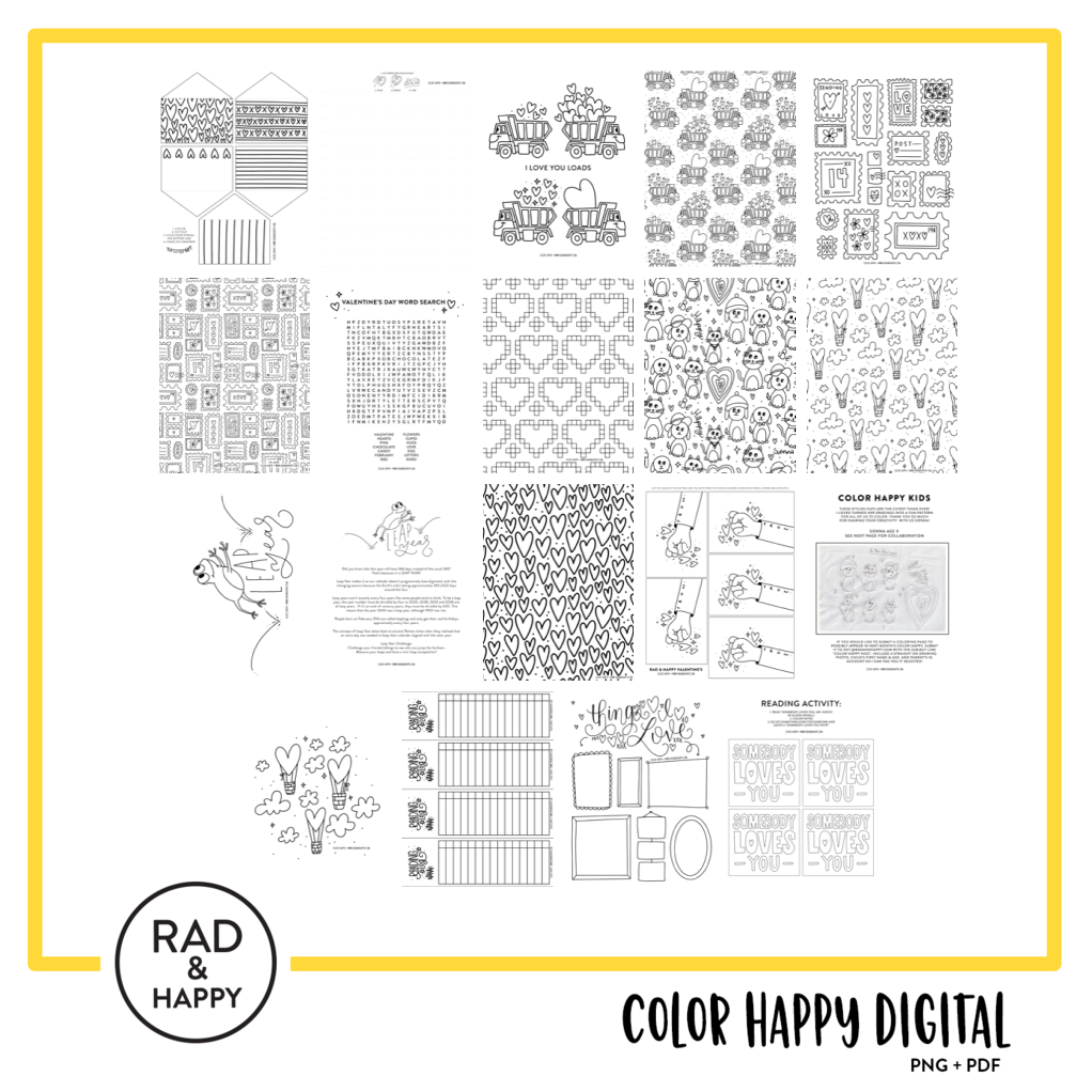 A digital collage of coloring pages with a yellow border