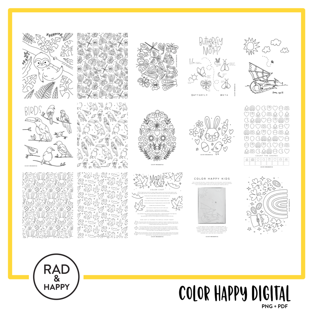 A digital collage of coloring pages with a yellow border