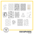 A digital collage of coloring pages with a yellow border
