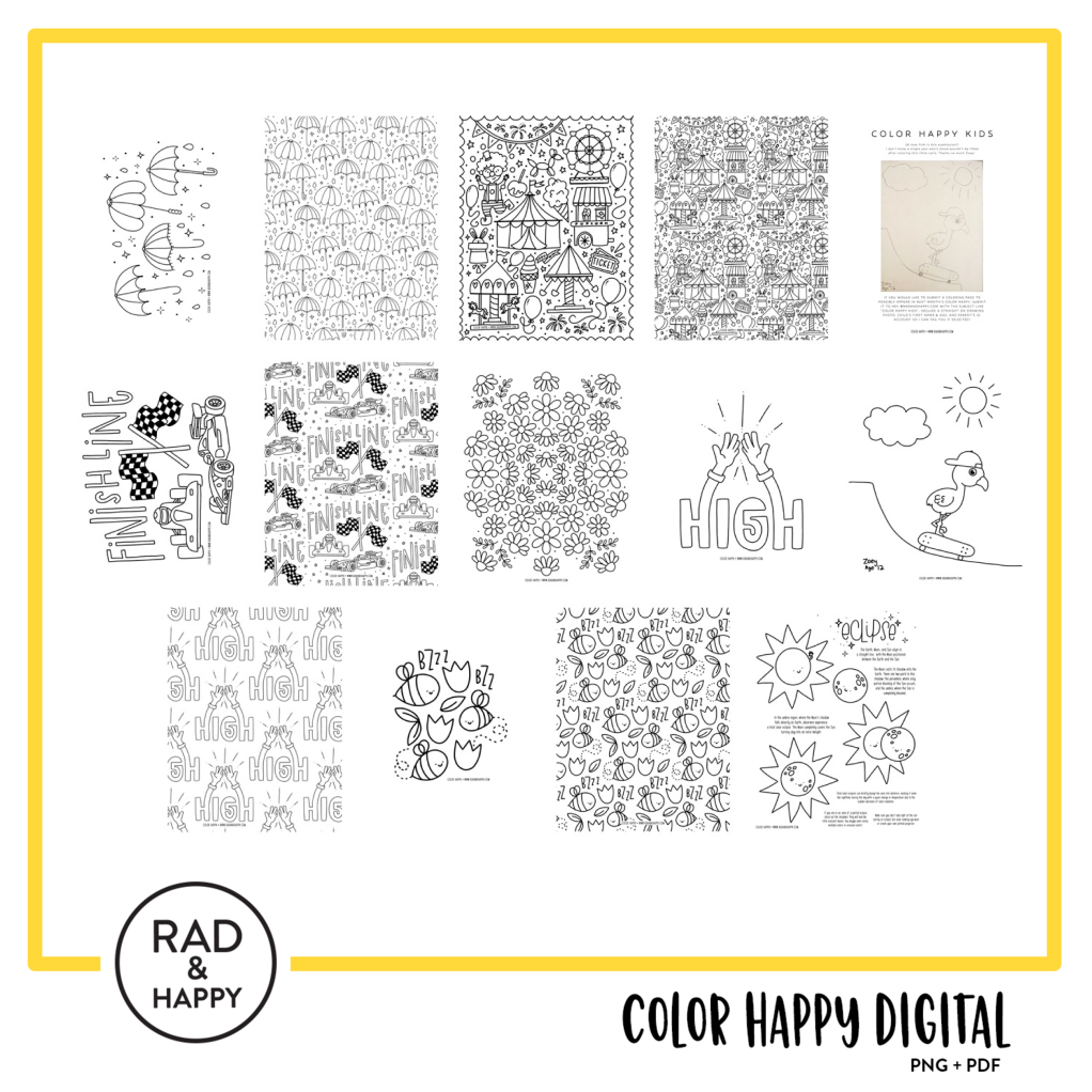 A digital collage of coloring pages with a yellow border