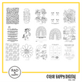 A digital collage of coloring pages with a yellow border