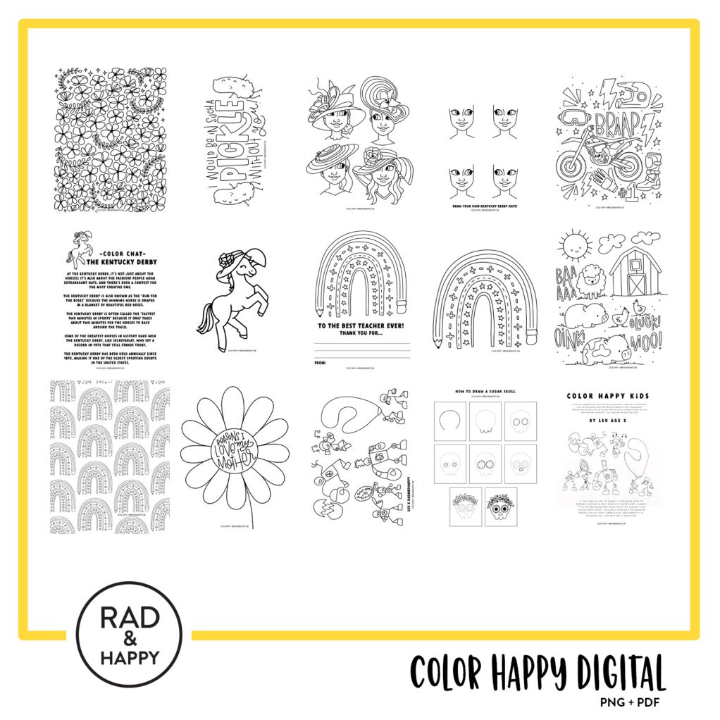 A digital collage of coloring pages with a yellow border
