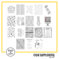 A digital collage of coloring pages with a yellow border
