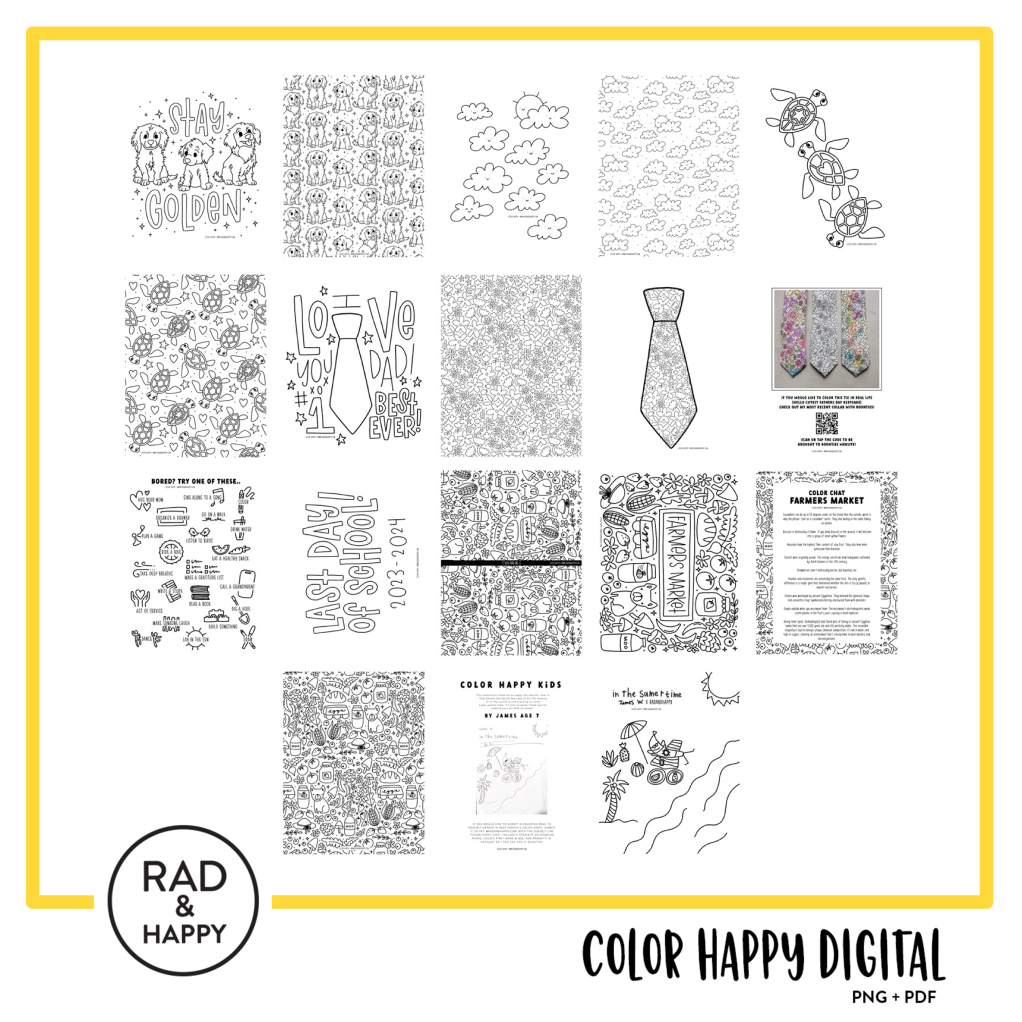 A digital collage of coloring pages with a yellow border