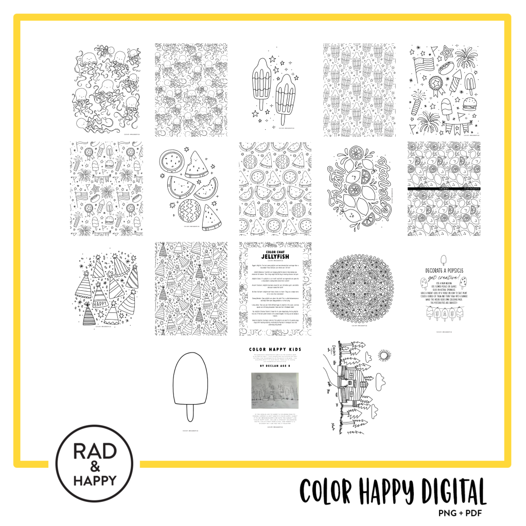 A digital collage of coloring pages with a yellow border