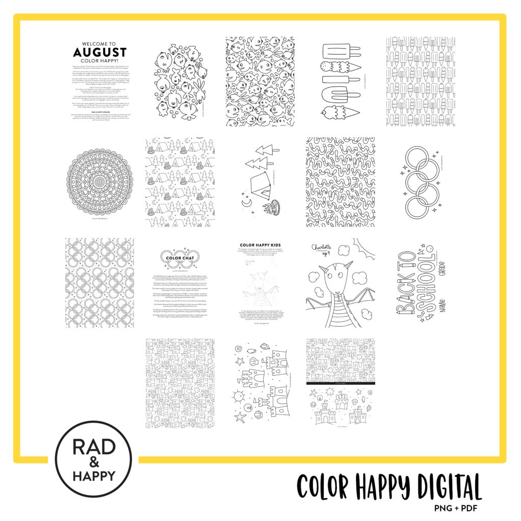 A digital collage of coloring pages with a yellow border