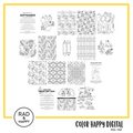 A digital collage of coloring pages with a yellow border
