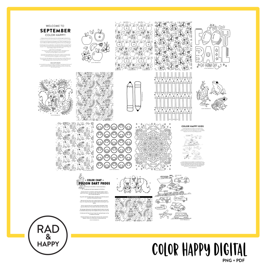 A digital collage of coloring pages with a yellow border