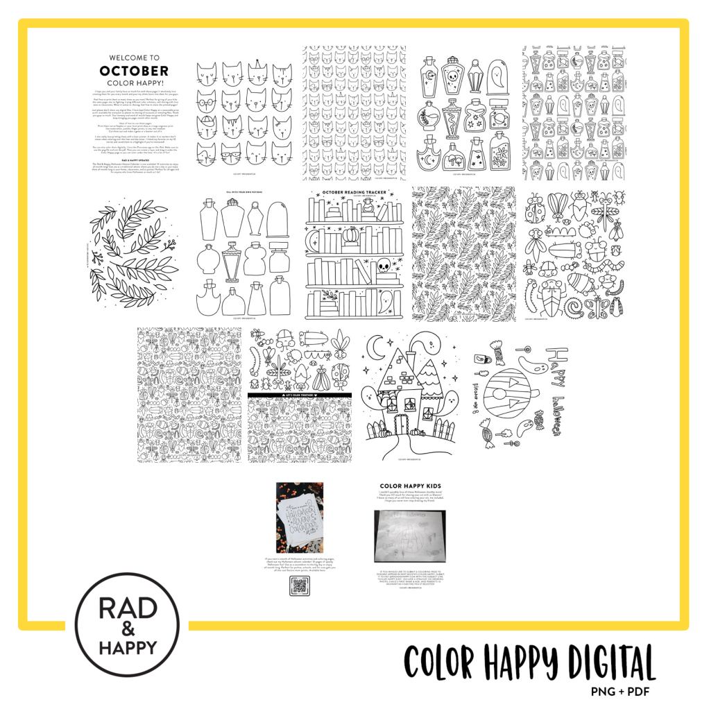 A digital collage of coloring pages with a yellow border
