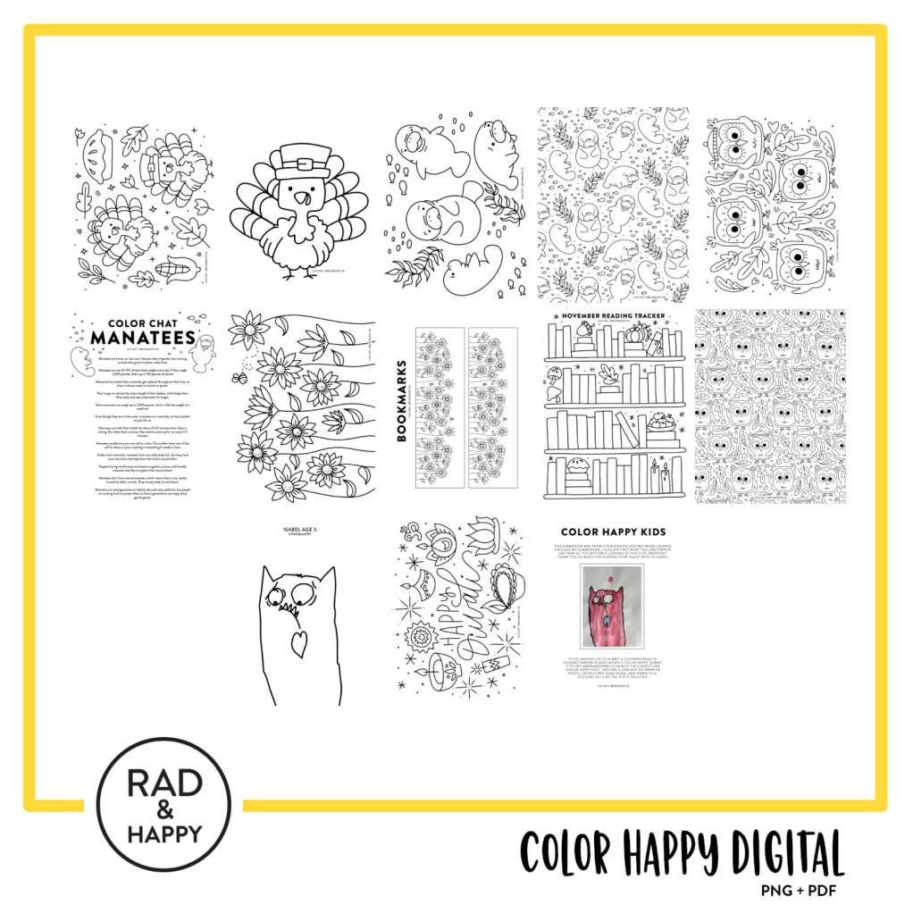 A digital collage of coloring pages with a yellow border