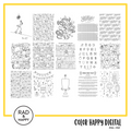 A digital collage of coloring pages with a yellow border