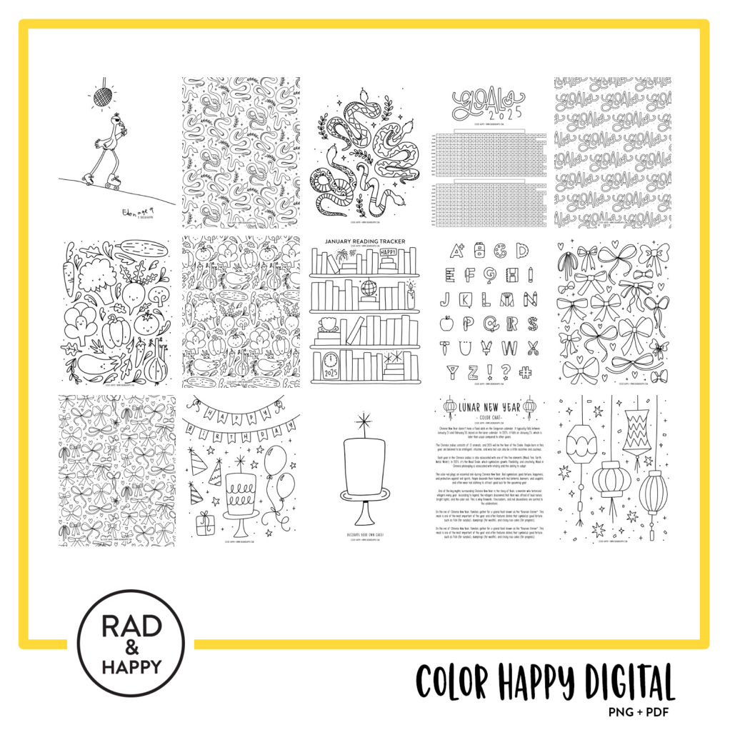 A digital collage of coloring pages with a yellow border
