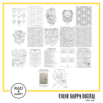 A digital collage of coloring pages with a yellow border
