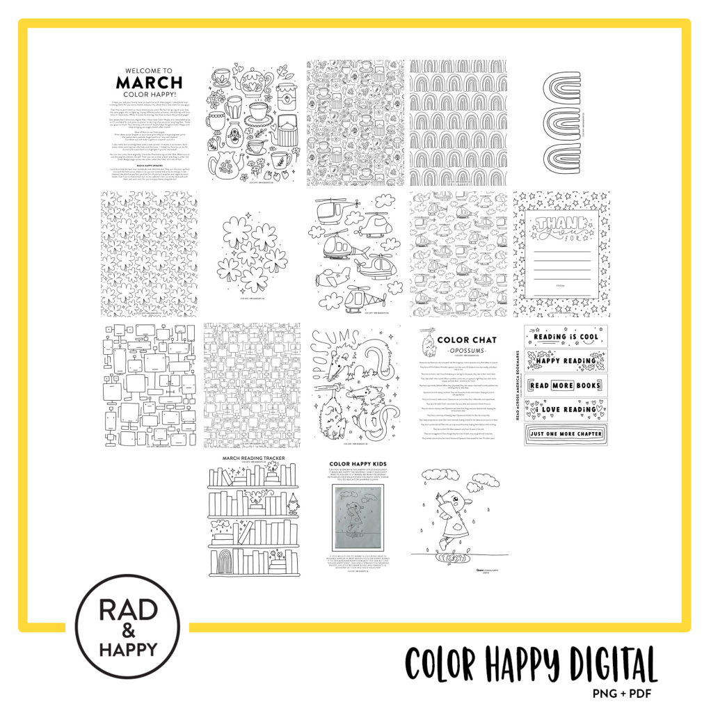 A digital collage of coloring pages with a yellow border