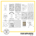A digital collage of coloring pages with a yellow border