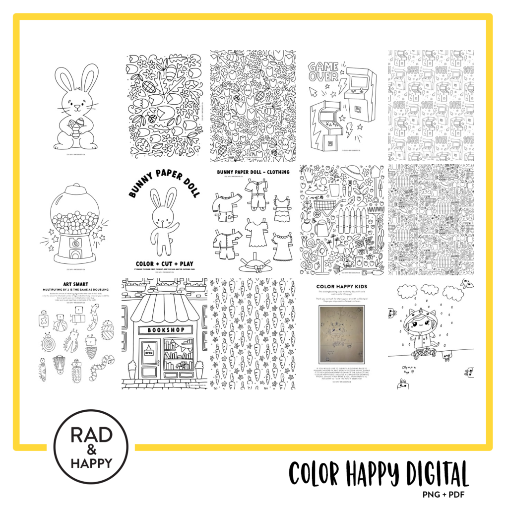 A digital collage of coloring pages with a yellow border